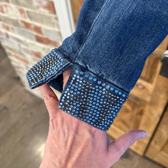 Quacker Factory Womens XL Denim Jacket Rhinestone Studded Button Front Blue Dark - Picture 7 of 8
